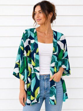 Laura Petites Summer Beach Cover Up Leaf Print Kimono Petite Small Vacation